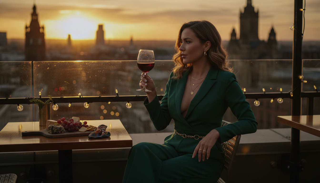 Frau genießt einen Drink auf einer Dachterrasse mit Blick auf die Skyline von Manchester